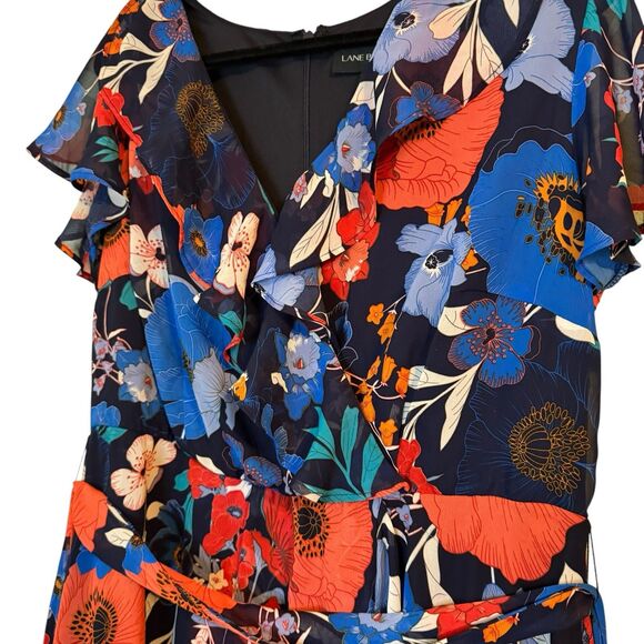 Lane Bryant Faux Wrap Midi Dress Navy Orange Ruffle Flutter Sleeve Size 16 - Picture 3 of 10
